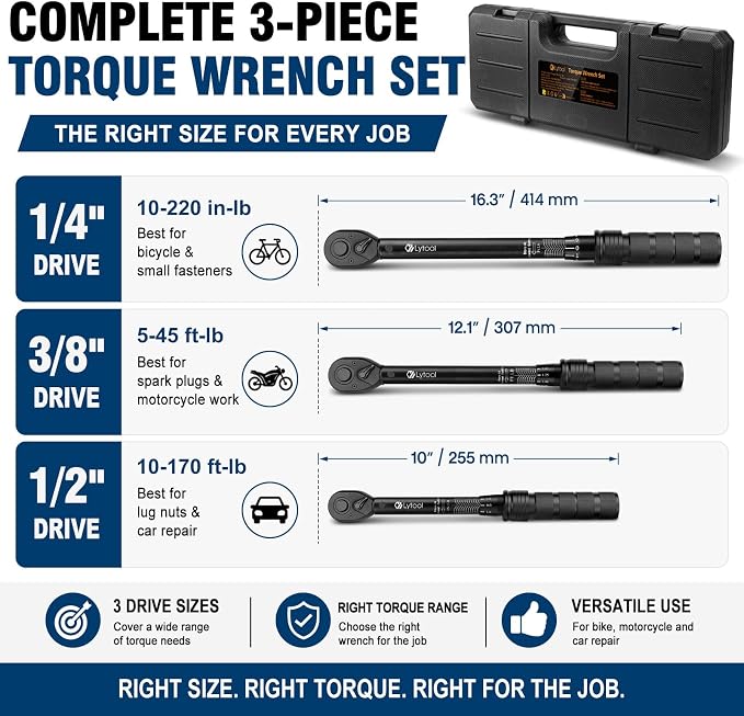 3 Pcs Torque Wrench Set (1/4", 3/8", 1/2" Drive Click Type, ±3%) | 72-tooth dual scale covers 10-220 in-lb & 5-170 ft-lb. Ideal for bike, motorcycle & auto repair
