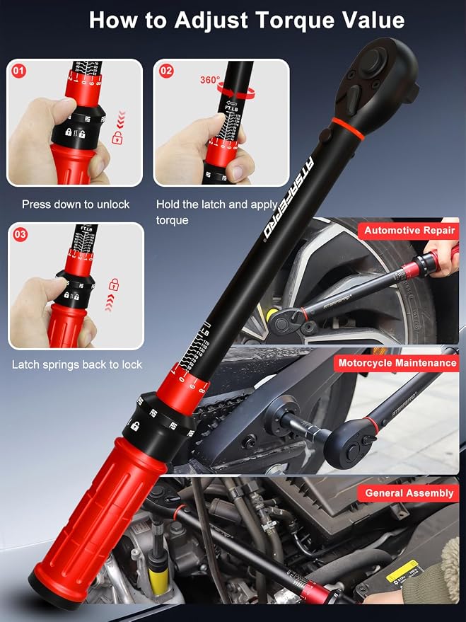 1/2 Inch Drive Click Torque Wrench, 10-170 ft.lb/13.60-230.5Nm, ±3% High Precision, Dual-Direction Adjustable 72 Tooth Click Torque Wrench 1/2 Drive for Motorcycle, Car Lug Nut Maintenance