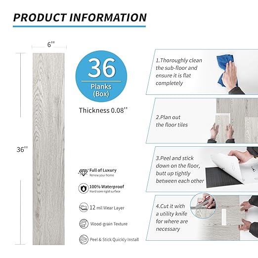 Art3d 36-Pack Peel and Stick Luxury Vinyl Flooring Tiles, 54 Sq. Ft Self Adhesive Wood Plank for Kitchen, Bedroom, Bathroom, Grey Ash