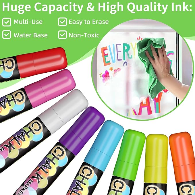 Versatile Jumbo Chalk Markers: 8 Vibrant Car Window Paint Markers Washable for Auto, 15mm Bold Tip for Blackboards, Bistro Menus, Chalkboards, Mirrors, and Glass. Perfect for Teachers and Businesses