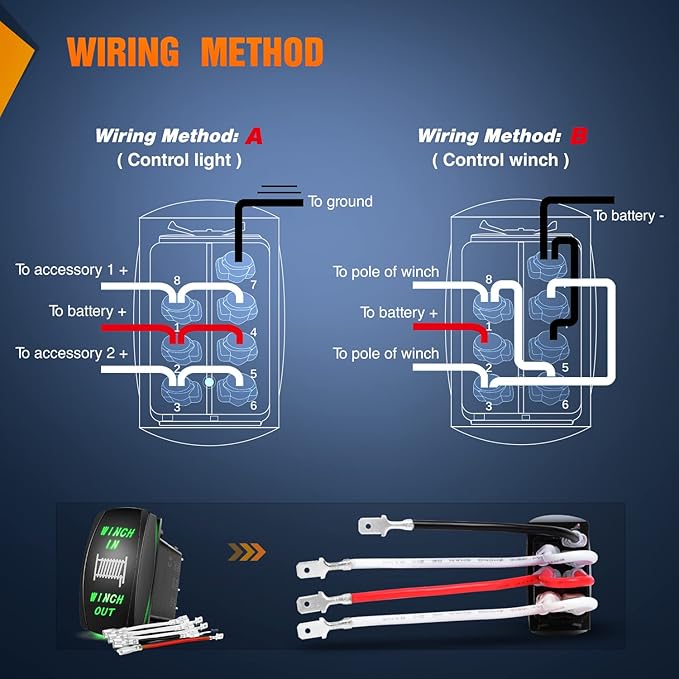 Nilight Winch Rocker Switch Momentary Toggle ON-Off-ON DPDT 7Pin 12V 24V Jumper Wires in Out Switches Green for Cars Trucks Caravans Boat