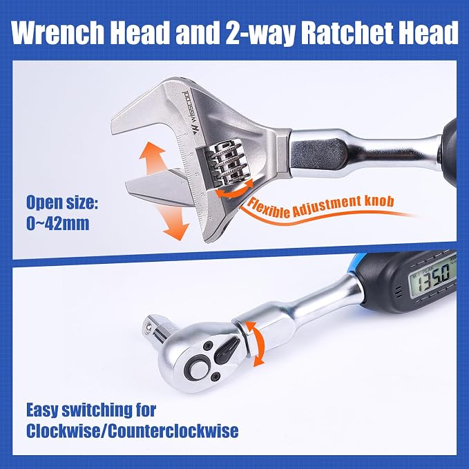 Digital Torque Wrench, 5-99.6 ft.lb/6.8-135 N.m | HVAC Torque Wrench with 42mm Jaw, 1/2 Drive Ratchet 3/8 Adapter ±2% Accuracy, Vibration Buzzer, LED Indicator for Split AC