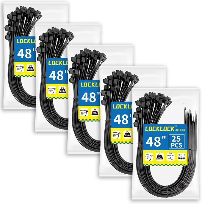 Large Zip Ties Heavy Duty Outdoor 48 inch (125 Pack), Heavy Duty Zip Ties 250 lbs, Black, LOCKLOCK