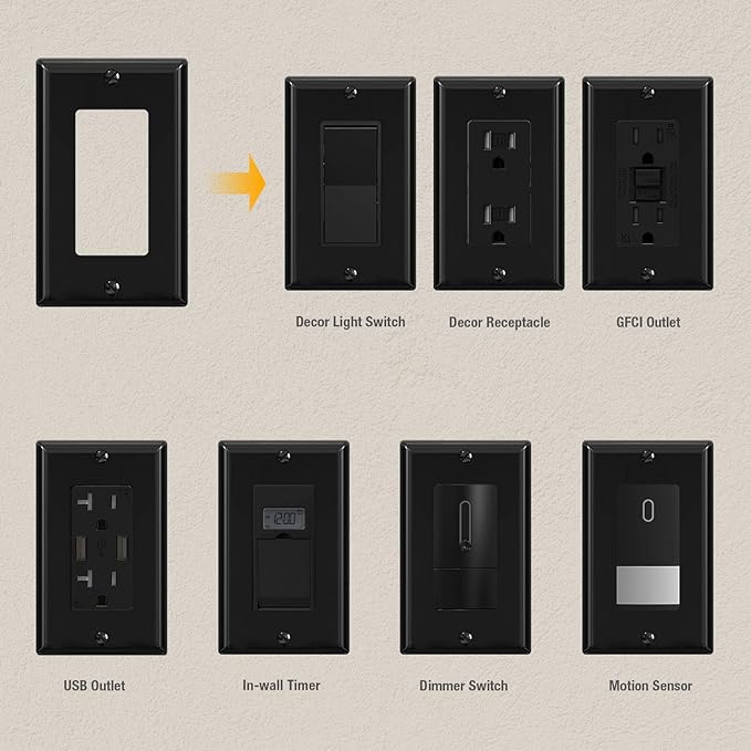 ELEGRP Decorative Receptacle Wall Plate, 1-Gang Standard Size Outlet Decorator Cover, Unbreakable Polycarbonate Dual Port Faceplates Covers, UL Listed, Screws included (20 Pack, Glossy Black)