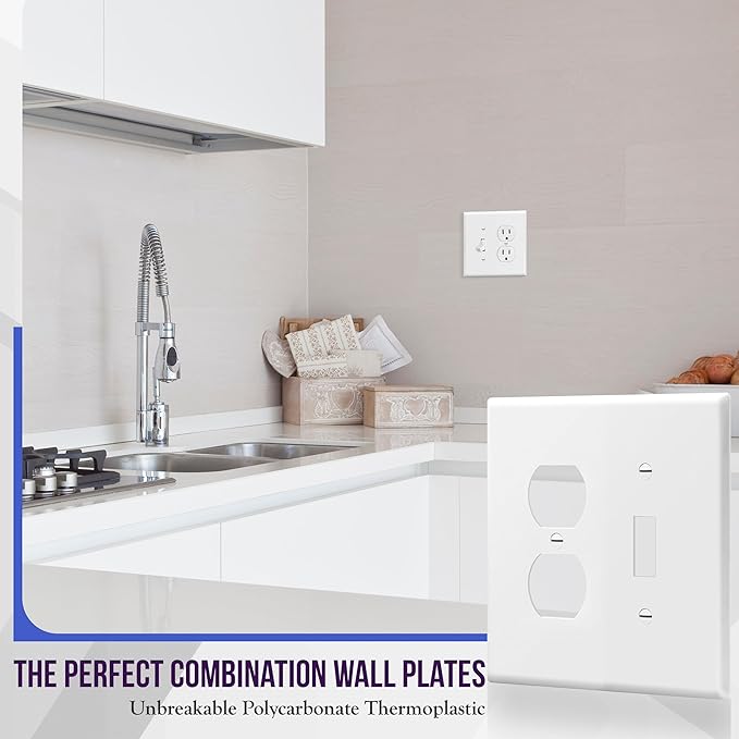 ENERLITES Combination Toggle Light Switch/Duplex Receptacle Outlet Wall Plate Cover, Midway Size 2-Gang 4.88" x 4.92", Polycarbonate Thermoplastic, UL Listed, 881121M-W, White(2 Pack)