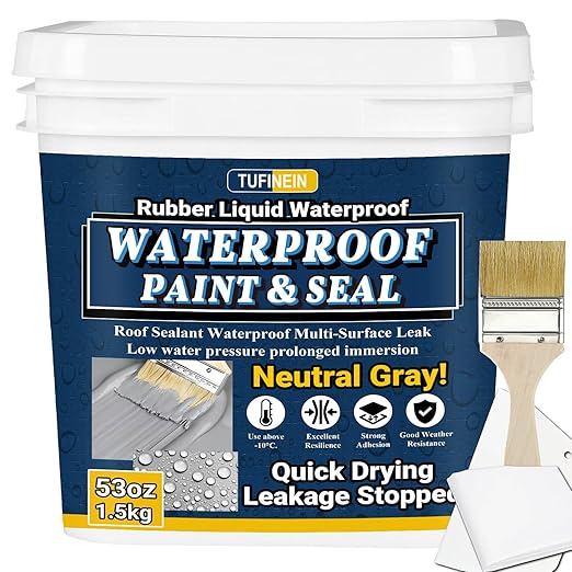 Rubber Liquid Waterproof Sealant, TUFINEIN 53oz/1.5kg Neutral Gray Quick Drying Multi Surface Foundation Leak Repair - Roof Gutters Basement Sealer Waterproof - Indoor & Outdoor Flexible Rubber Paint