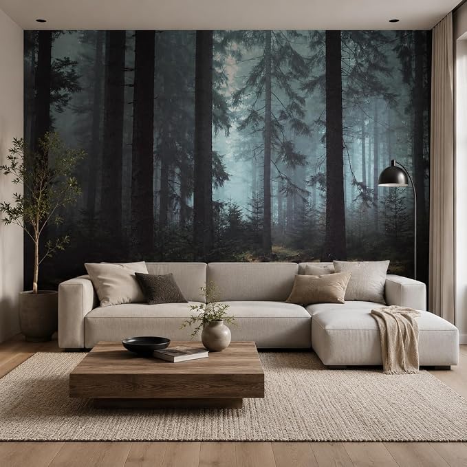Foggy Forest Wall Murals Peel and Stick 148" W x 98" H | Misty Woodland Tree Self Adhesive Renter Friendly Wallpaper for Bedroom Living Room