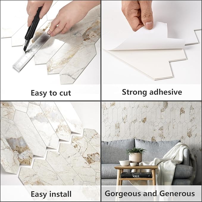 Vamos Tile Glossy Pandora Marble with Gold Veining Backsplash Tile Peel and Stick, 12.8 x 12.8 Inch 10 Sheets Long Hexagon PVC Self Adhesive Mosaic Tiles Stick on Backsplash for Kitchen and Bathroom