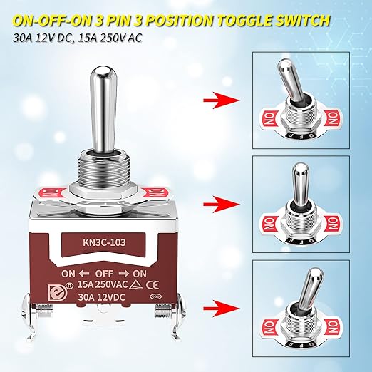 Joinfworld Waterproof Toggle Switch 12V DC 30A On Off On 3 Way SPDT 12 Volt Heavy Duty Marine Toggle Switch 3 Position 3 Pin with Weatherproof Boot Cap Cover for Car Auto Truck Boat - 3 Pack