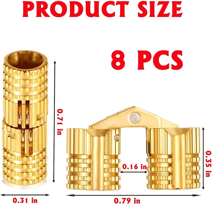 Hidden Brass Barrel Hinges, 8mm, 180 Degree Opening Angle Concealed Furniture Hinges for DIY Jewelry Box Hand Craft, 8-Piece Set with Screws, Gold, 0.71 x 0.31 Inch