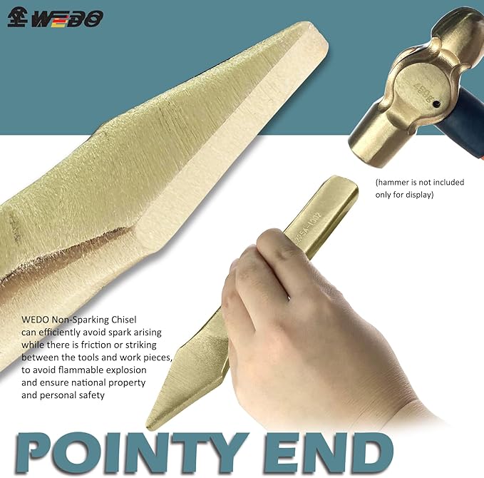 WEDO Non-Sparking Flat Chisel Pointy Head,Cold Chisel,Aluminum Bronze,4x7x200mm,BAM & FM Certificate,Cone Chisel for Carpentry, Metalwork, Woodwork & Masonry work