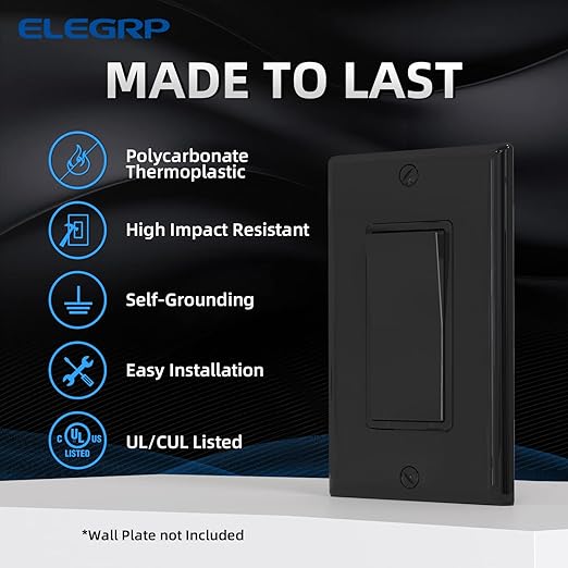 ELEGRP 4 Way Decorative Light Switch, 15Amp, 120-277 Volt, AC Decorator Rocker Paddle Wall Switch Replacement, Self-Grounding, Residential and Commercial Grade, UL Listed (5 Pack, Glossy Black)