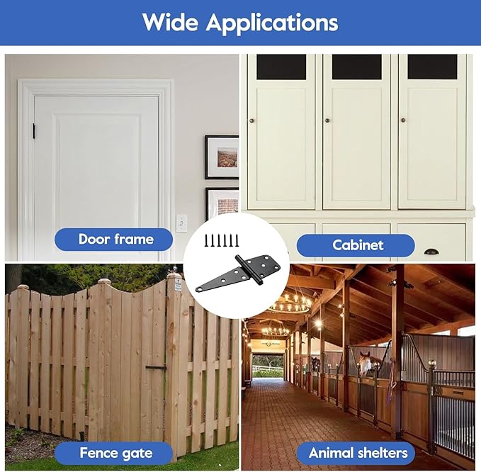 6 Inch T-Strap Gate Hinges, Heavy Duty Gate Hinges,Shed Door Hinges for Outdoor Barns Gate,Wooden Fences,with Screws, 4 Pack-Black