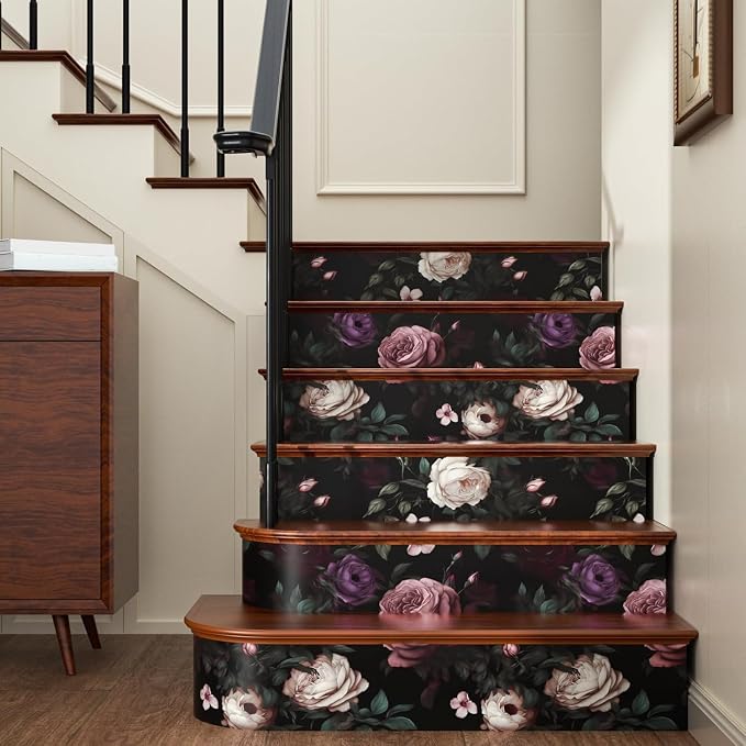 Fvlow Pink Rose Dark Floral Peel and Stick Wallpaper 17.4" x 118" | Renter Friendly, Removable & Waterproof, Vinyl Easy Install for Bedrooms, Bathrooms, Kitchens, Cabinets and Home Decor