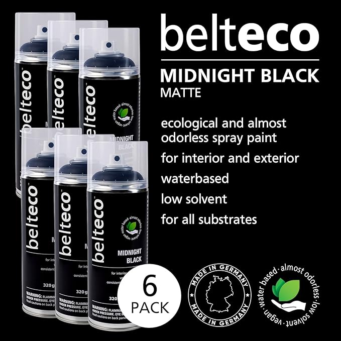 Midnight Black Matte Spray Paint - 6 pack | Water based & Odorless | Eco-Friendly & Vegan | Weather & UV-Resistant | For all Substrates | Fast Drying with High Coverage