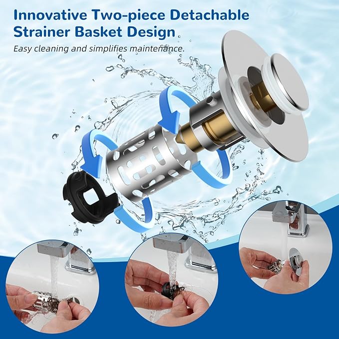 Hibbent 4 Pack Upgraded 3 in 1 Bathroom Sink Drain Strainer, Universal Pop Up Stopper with Removable Stainless Steel Filter Basket Hair Catcher, Sink Plug for 1.1''~2.36'' Basin, Brass Core, Chrome