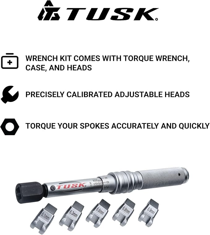 TUSK Spoke Torque Wrench Kit Adjustable 30-150 in-lb with 5 Heads | Compatible with KTM Husqvarna. Adjustable torque wrench with 5 drop-forged heads for precise spoke tension.