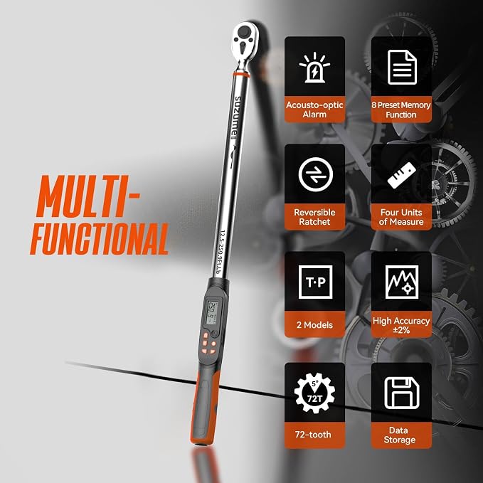 Digital Torque Wrench 1/2 Drive (12.5-250.7 Ft. Lb/ 17-340 N.m) | ±2% Accuracy with Certify Beep and LED Alarm Peak & Track Dual-Direction Auto Truck SUV Vehicle Tire Machine