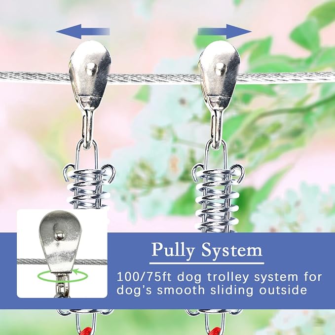 Dog Tie Out Runner for Yard,Trolley System for Large Dogs,Heavy Duty Dog Run Cable 100ft with 10ft Pulley Runner Line for Dogs Up to 250lbs,Yard or Camping