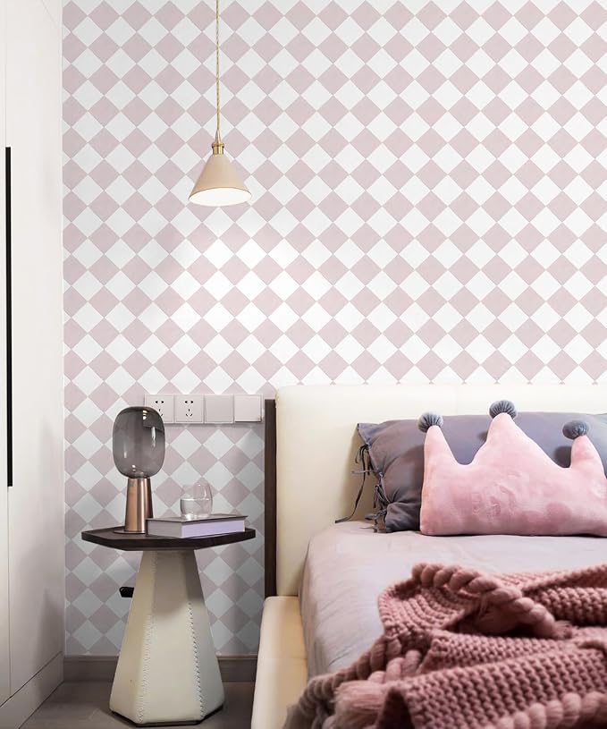 Safiyya 196"x 17.3" Pink and White Checkered Wallpaper Geometric Funky Peel and Stick Wallpaper Self Adhesive Removable Contact Paper Pink Check Wall Paper for Bedroom