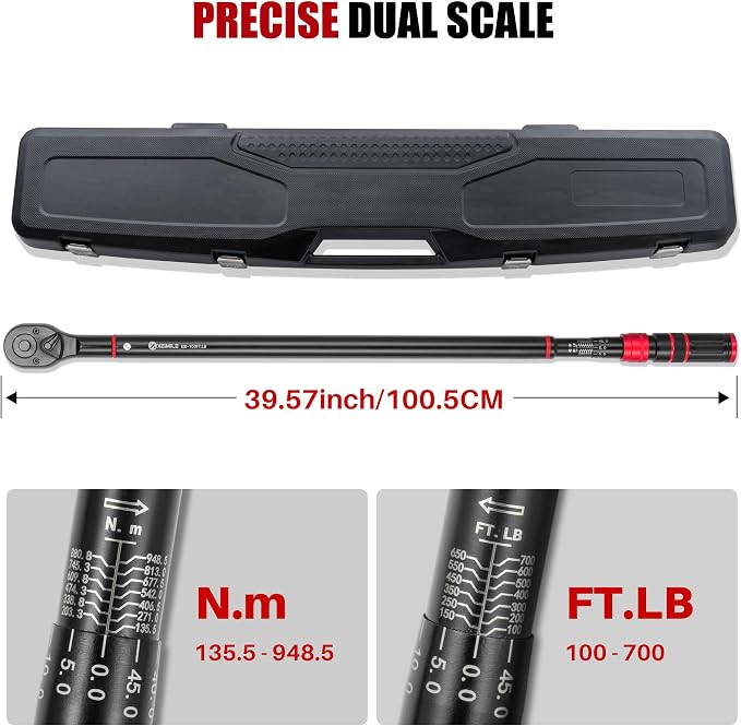 3/4" Drive Click Torque Wrench 100-700Ft.Lb for Truck,HD Vehicles | Inch Pound Torque Wrench(136-949Nm),Dual-Direction Adjustable 48T, 3% Accuracy for Tractor,Combines,Farm Industrial Equipment