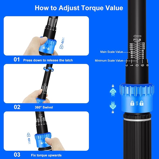 10-170FT 1/2'' Torque Wrench Socket Set, 17mm 19mm 21mm Wheel Sockets with 3/8" Drive Adapter and Extension Bar 72 Tooth, High Accuracy Laser Marking Scale for Auto Motorcycle Repair
