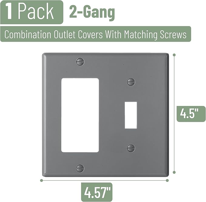 Bates- Combination Wall Plate, Toggle Switch/Decorator, Gray, 4.50"x4.57"/Standard Size, 2 Gang Wall Plate