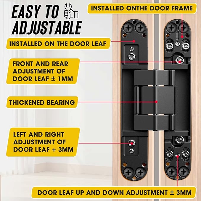 6inch Hidden Door Hinge,Concealed Hinges,Hidden Door Hardware kit,Invisible Door Silent 180 Degree Swing Hinge 3-Way Adjustable Butt 6 x 2.5 x 1inch (Black, 7 inches)