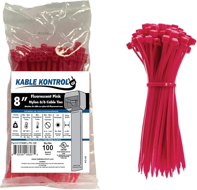 Kable Kontrol Fluorescent Pink Zip Ties 8 Inch 100 Pcs, 50 Lbs Tensile Strength, Self-locking Nylon Colored Cable Ties Wire Wraps for Indoor or Outdoor Use… | Nylon Plastic, Self Locking, UL Listed, Indoor Use
