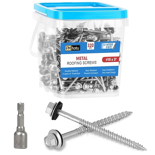 FMhotu Metal Roofing Screws #10×3Inch, 320-PCS, Hex Head Rustpert Coating Sheet Metal to Wood Siding Screw with EPDM Rubber Washer, Sharp Point, Hex Socket Included