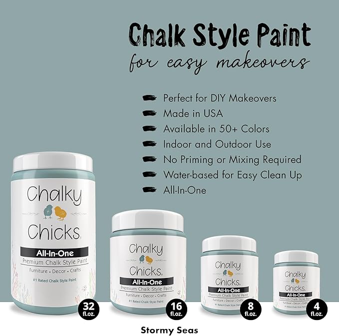 Chalky Chicks 4 Fl Oz Matte Stormy Seas (Light Blue) Chalk Paint for Furniture Without Sanding - No Prep Furniture Paint No Sanding All in One for Crafts, Wood, Cabinet, Metal, Dresser, Farmhouse
