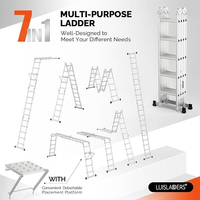 18.5 FT Folding Ladder, LUISLADDERS Multi-Purpose Ladder, Aluminium Extension Ladders 7 in 1 Heavy Duty Combination EN 131 Standard