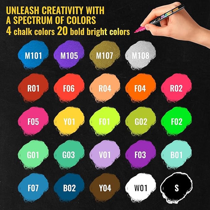 SFAIH Liquid Chalk Markers for Blackboard - Vibrant 24 Colors 0.7mm Fine Tip, Wet Erase Marker for Chalkboard, Menu, Bistro, Signs, Windows, Glass, Labels, Dust-Free [1s Wet Wipe] - No Residue