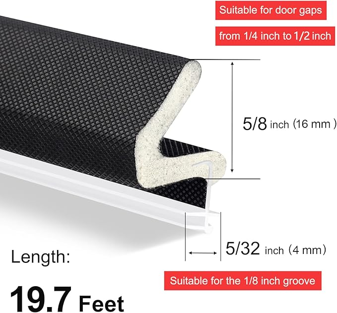 Extra Long Kerf Weather Stripping Door Seal for Large Gaps and Easy Installation (19.7FT, Black)