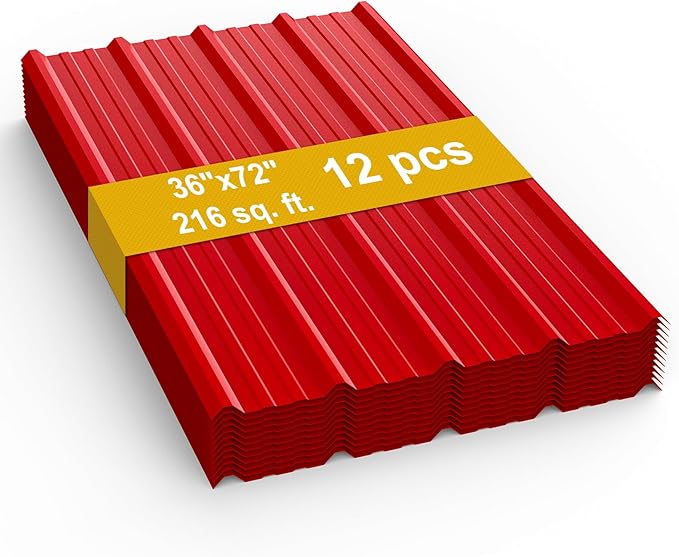 12 Pack PPGI Metal Roofing Panels, 72" x 36", 28 Gauge, 216 Sq. Ft. Coverage, Prepainted Galvanized Steel Sheets for Residential, Commercial, Pergolas, Gazebos, Fencing, and Patio Roofs（Red）