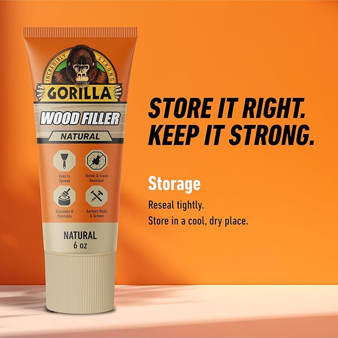 Gorilla All Purpose Wood Filler, Natural Color, 6 Ounce Tube (Pack of 1) - Water Resistant for Indoor or Outdoor Projects and Repairs