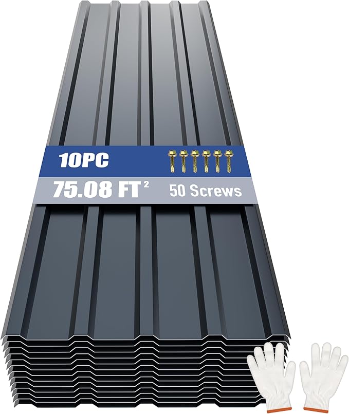 Brakki Metal Roofing Panels 10pcs 75 ft², L61.02"xW17.72" Grey Corrugated Galvanized Steel Roof Panels with Screw, Heavy Duty Metal Siding Suitable for Garages Chicken Coop Sheds Stables Patio