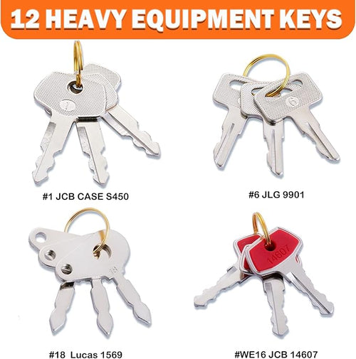 12 Heavy Equipment Keys Master Set, Contractor Machinery Equipment Excavator Dozer Skid Steer Loader Forklift Roller Keys Fit Case JCB 14603 14607 Lucas 1569 JLG 9006