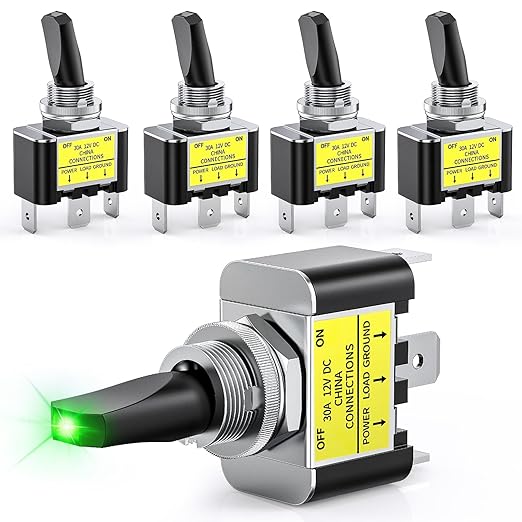 Nilight 5PCS LED Toggle Switch ON Off 12V 30A Green LED Lighted Metal Heavy Duty SPST 3 Pin Rocker Switches 12mm Mounting Hole for Automotive Cars Trucks Boats Racing Cars