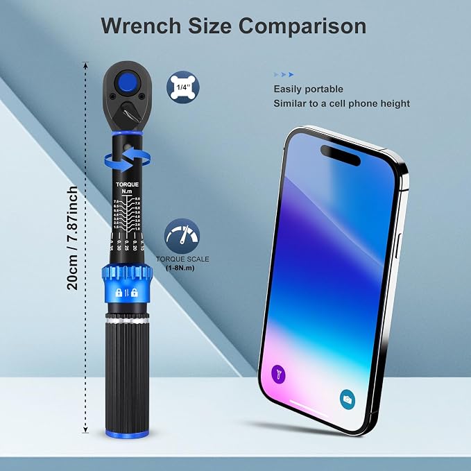 1/4" Drive Small Torque Wrench 1-8 Nm (8.85-70.8 in lb) ±3% Precision, Dual-Direction 72-Tooth Click Low Torque Wrench for Bicycle, Electronics, Small Engine Repair, and Delicate Fasteners
