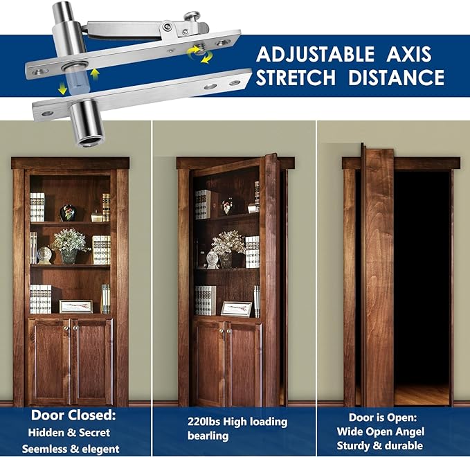 2 Pack | Heavy Duty Pivot Hinge for Wood Door - HBL' Stainless Steel Hidden Door Hinge for Secret Door, with 360 Degree Rotation, Invisible Pivot Door Hardware for Bookshelf.