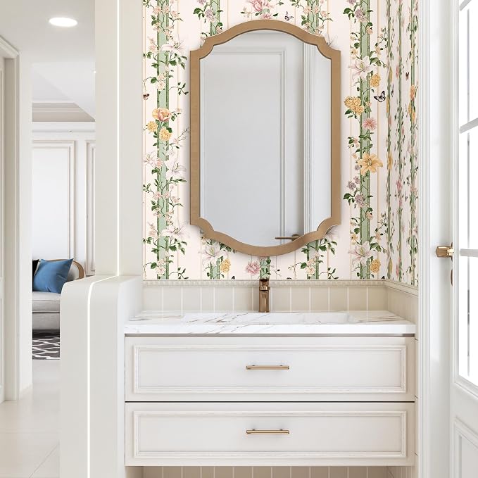 BOKEBEVE Boho Floral Peel and Stick Wallpaper Beige Pink 17.5 x 787In | Super Long Leaf Contact Paper Modern Wall Paper for Bedroom Accent Walls Laundry Nursery Pantry Renter Friendly Removable