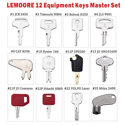 12 Heavy Equipment Key Master Set, Construction Key Master Set for Cat Caterpillar Case JD John Deere Hyster Komatsu Takeuchi Lucas Ford New Holland Keys Heavy Equipment