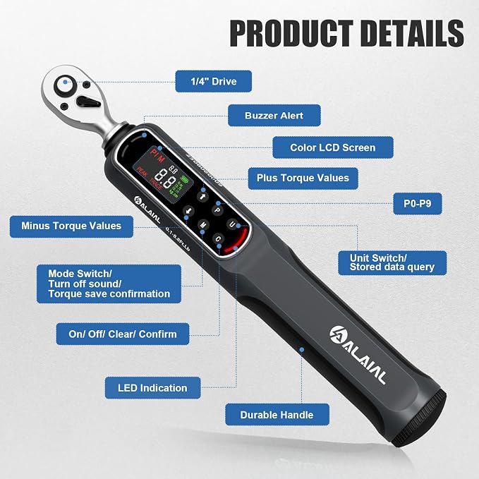 Digital Torque Wrench 1/4 Drive, 0.1-8.8 Ft.Lb ±2% Accuracy | LED Display, Buzzer&Vibration Alert, 2 Modes, 10 Presets&500 Data Logs, for Lug Nuts, Automotive, Motorcycle Repair