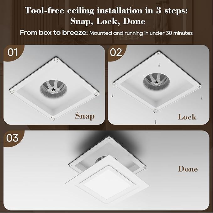 12" Ultra Quiet Bathroom Exhaust Fan with 6500K LED Light, 1.0 Sone 120 CFM, 10x10 Mount, 1500 LM Ceiling Ventilation Fan, Energy Efficient (3500K LED-C)