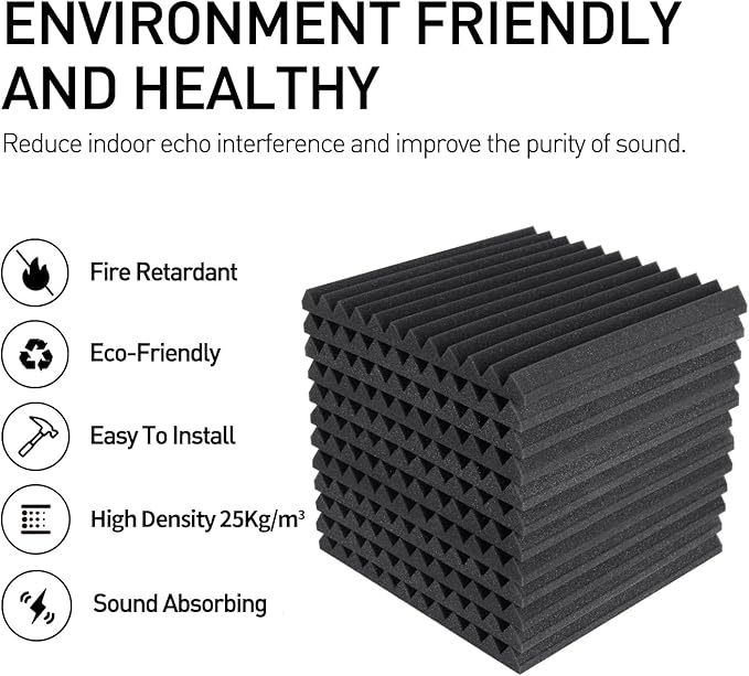 Focusound 52 Pack Black GreyAcoustic Foam Panels 1" x 12" x 12" Sound Proof Foam Panles Soundproofing Noise Cancelling Wedge Panels for Home Office Recoding Studio with 300PCS Double-Side Adhesive