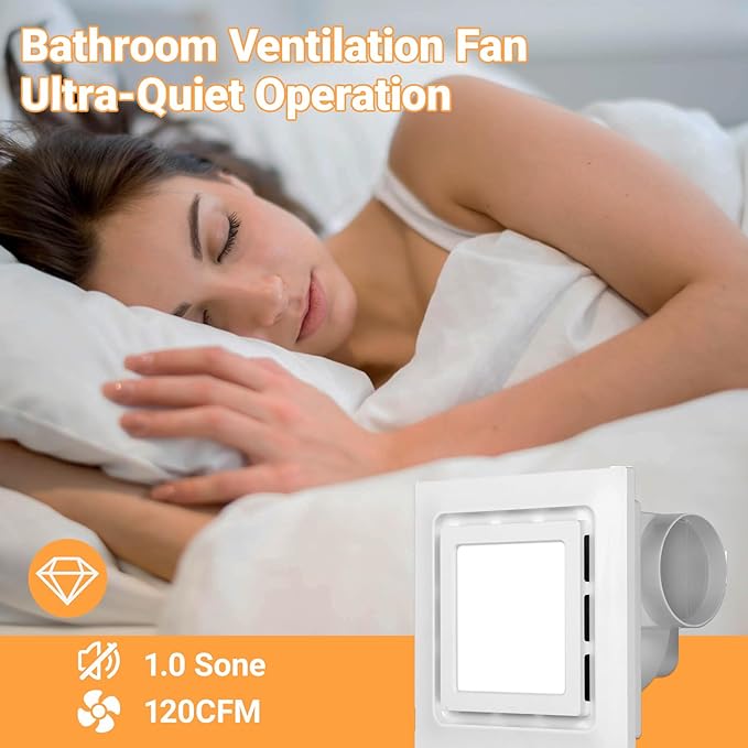 Bathroom Exhaust Fan with Light, 120 CFM Quiet Ventilation Fan with 6500K 12W LED Light 1.0 Sones Low Noise, 4" Duct Included Square Ceiling Mount Vent Fan for Shower Bathroom Office Home