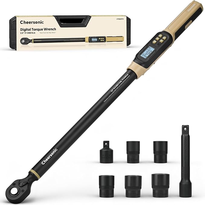 Digital Torque Wrench 1/2 Drive, 12.5-250.8 ft·lb (17-340N.m) ±1% Accuracy Electronic Torque Wrench with Buzzer and LED Heavy Duty Torque Wrench Set with Socket for Car Repair Trucks large machinery
