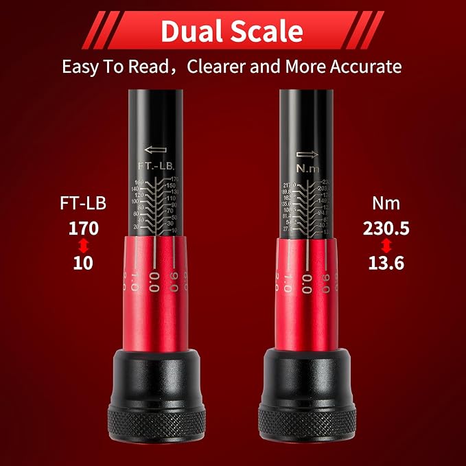 Hairich torque wrench 1/2, 10-170ft.lb/13.6-230Nm, ±3% HIGH PRECISION | 1/2 Inch Drive Click Torque Wrench, Dual-direction Torque Wrenches 72-tooth with Dual Range Scales, High Precision For Car