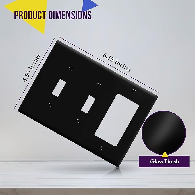 ENERLITES Combination Triple Light Switch Plate, Double Toggle/Single Decorator Switch, Standard Size 3-Gang 4.5" x 6.38", Polycarbonate Thermoplastic, 881231-BK, Black